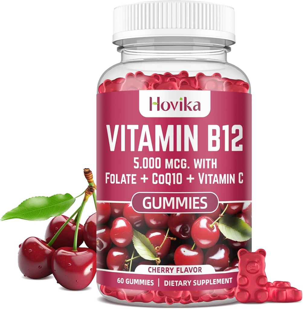 Vitamina B12 Complex 5000 mcg Metil B12, Adenosil B12 & Hidroxixi B12, cu Coenzima Q10, Folat, vitamina C, Chembable B 12 pentru suport energetic, metabolism, sanatate osoasa - Aroma de cirese