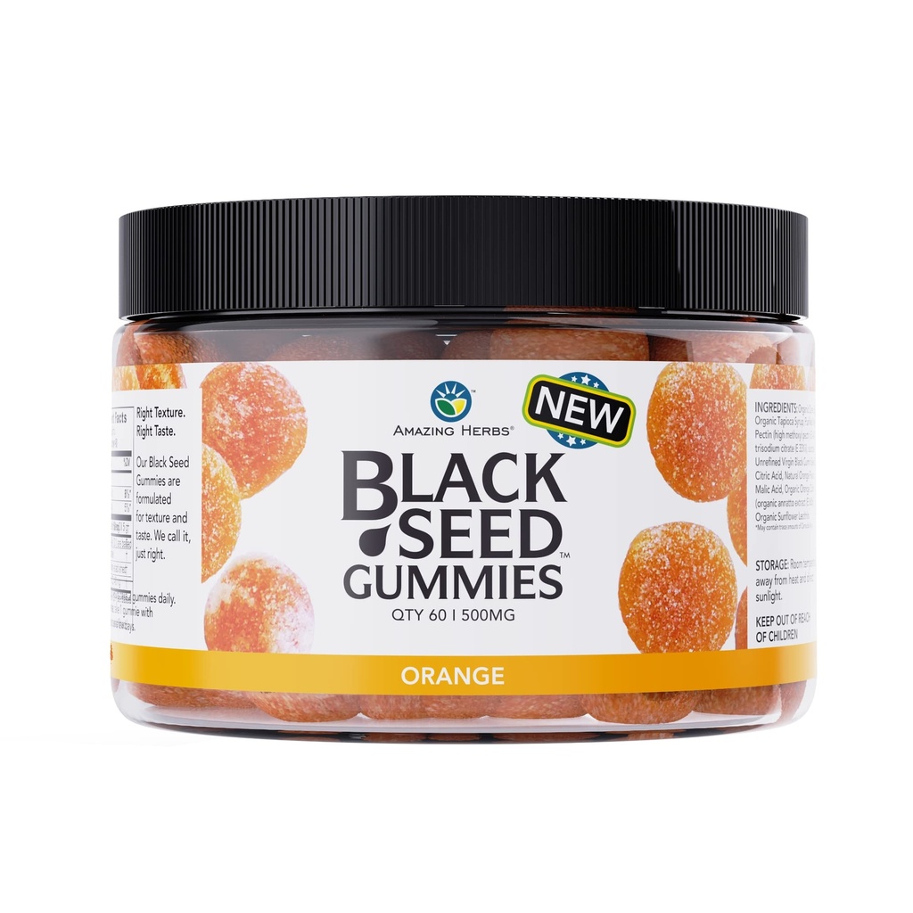Uimitoare plante organice negru seminte de ulei Gumries - 500 mg per servire, rece presat Seminte de chimen negru, Made with Nigella Sativa, Ajuta la stimularea imunitatea, sustine sanatos Digestion - Orange Flavor 60 Conte