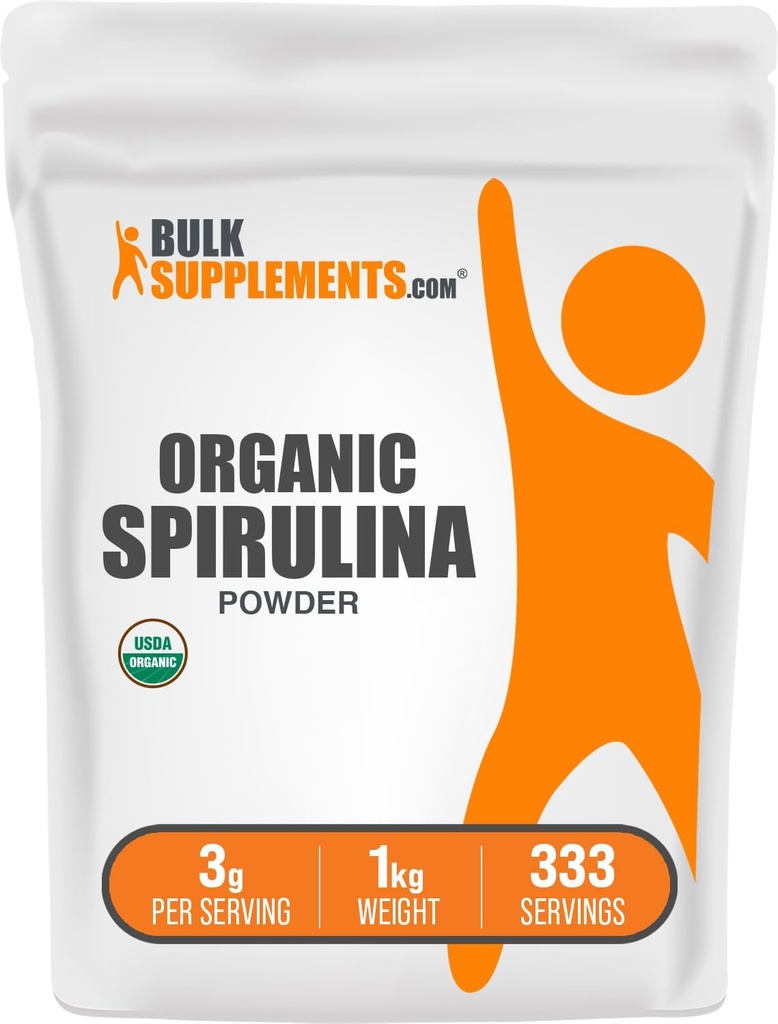 BulkSupplements.com Organic Spirulina Powder - Superfood, Green Spirulina Powder, Herbal Supplement - Vegan-Friendly, 3g per Serving, 1kg (2,2 lbs) (Pachet de 1)