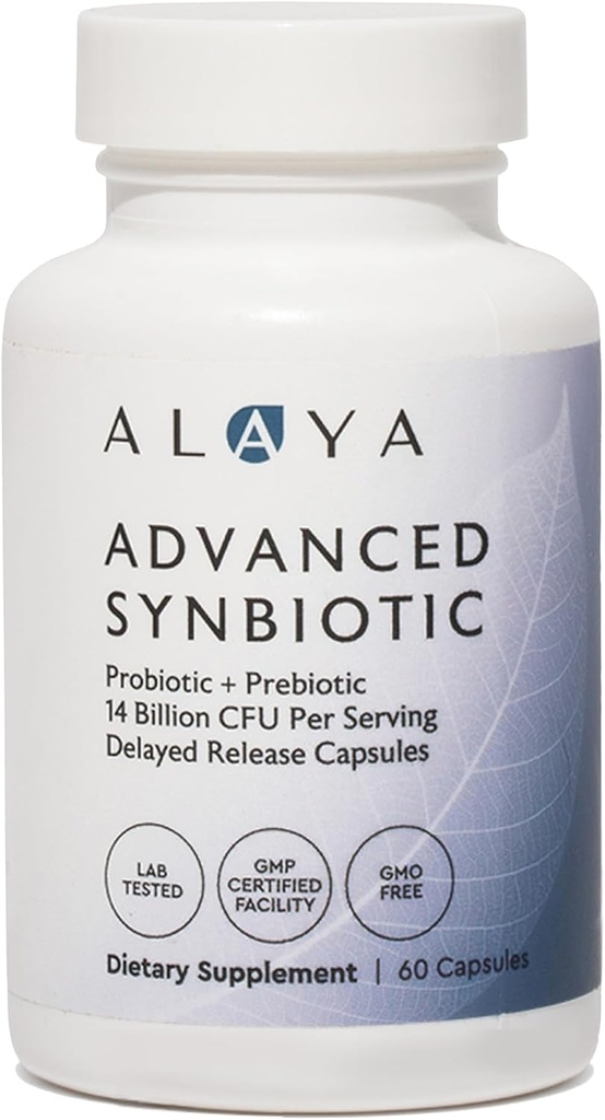 Alaya Naturals Advanced Synbiotic - Probiotic + Prebiotic - 14 Miliarde CFU Întârziat de eliberare Supliment Probiotic cu Prebiotice de la Sunfiber®, și L-glutamina pentru Integritatea Lining Gut - 60 Capsule