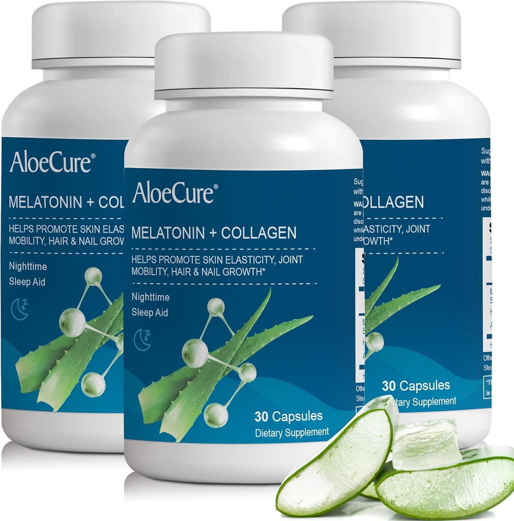 AloeCure Melatonină naturală + Colagen cu Aloe Vera organică - Natural Sleep Aid Supplement for Restful Nights - Colagen Complex pentru Putere articulară, Elasticitate a pielii, Creşterea părului şi unghiilor, 30 capsule