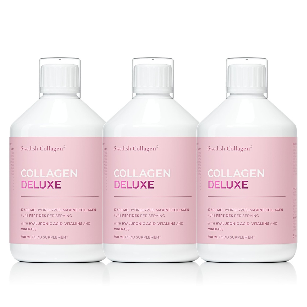 Colagen Deluxe 500ml x 3 I 8 Săptămâna Bundle I 12500 mg Colagen marin (tip I & III) Acid hialuronic I, Biotină, Vitamina C I Zahăr- fără - 8 săptămâni de aprovizionare