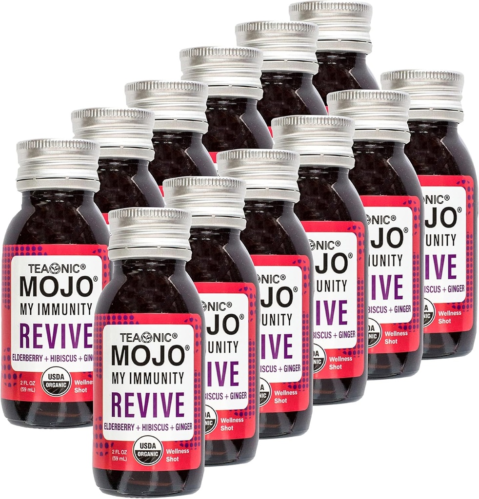 TEAONICĂ My Imunity Mojo: Revive, Herbal Juice, Herbal Supplement with Elderberry, Hibiscus, and Ginger, USDA-Certified Organic, Vegan, Gluten-Free, 12 Packs, 2 Fl. Oz Each