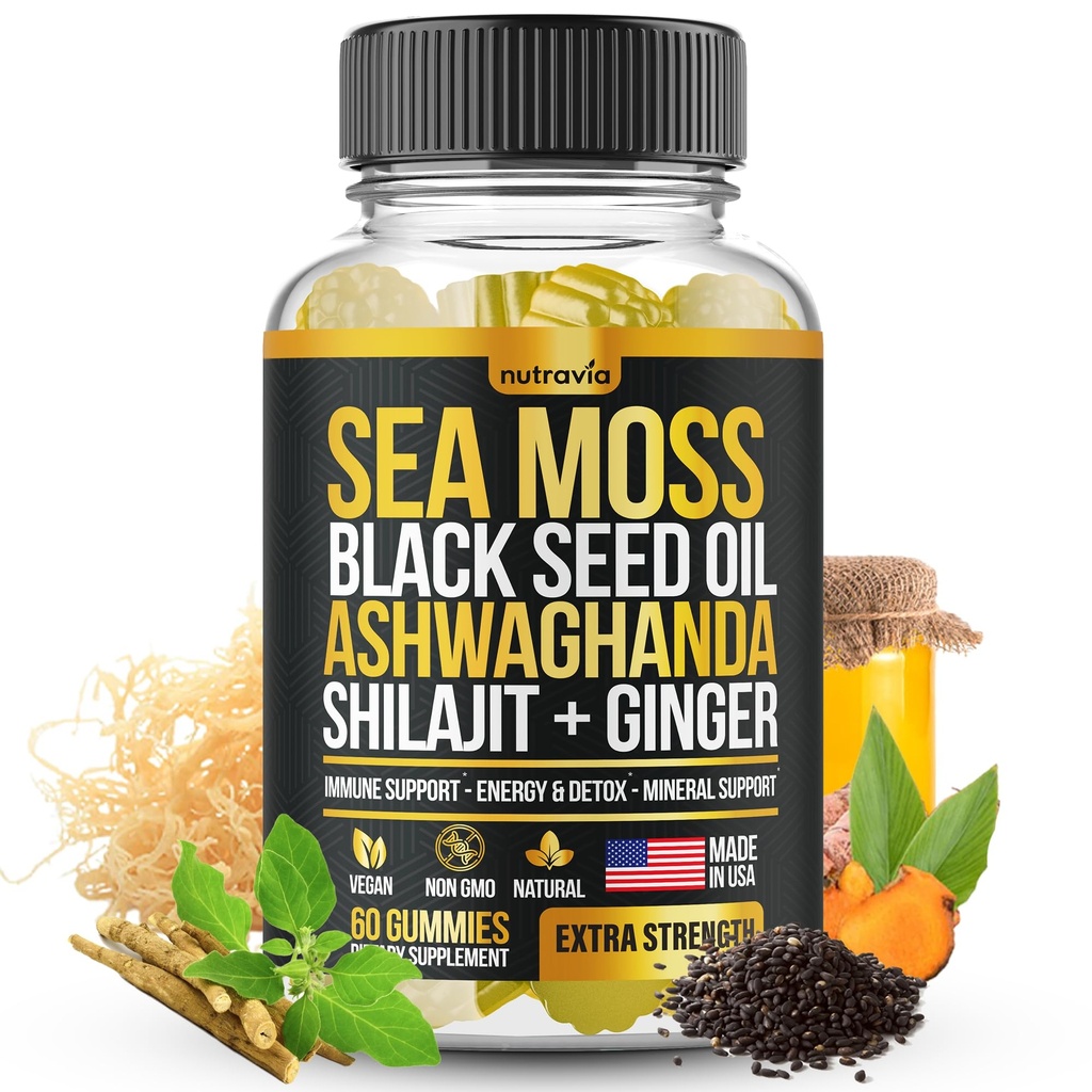 Sea Moss, Black Seed Oil, Ashwagandha, Ginger, Shilajit Gummies cu Elderberry, Clorofill, Turmeric Bladderwack Sea Moss Gummies Formula de rezistență avansată - Toate în 1 Bundle - Statele Unite ale Americii Made (60 Gummies)