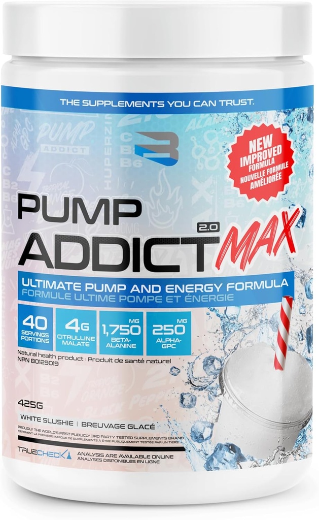 Credințe Suplimente - Pump Addict Max Pre-Workout pulbere - Enhanced Energy, Focus, and Endurance... (40 Servire, White Slushie)