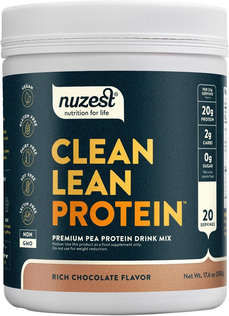 Nuzest - Pudră de proteine pe bază de mazăre - Proteină Lean curată, Praf de proteine pe bază de plante Vegan Premium, lactate gratuit, gluten gratuit, OMG-uri, Shake de proteine, Ciocolată bogată, 20 Serviri, 1.1 lb