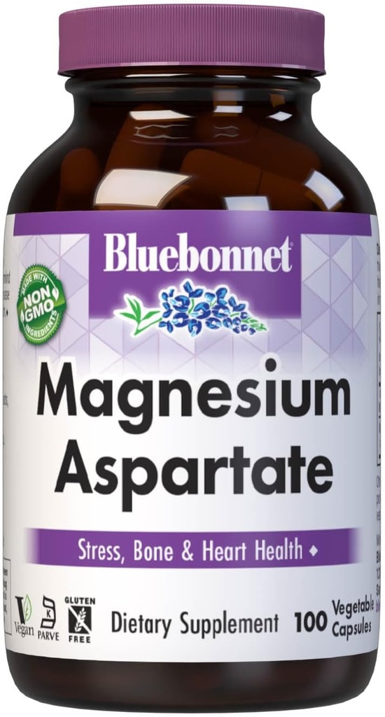 Bluebonnet Nutrition Magneziu Aspartate, Stress Relief*, Bone Health*, Heart Health*, Non-GMO, Vegan, Kosher Certified, Gluten-Free, Soy-Free, Dairy-Free, 100 Capsule vegetale, 50 Servings
