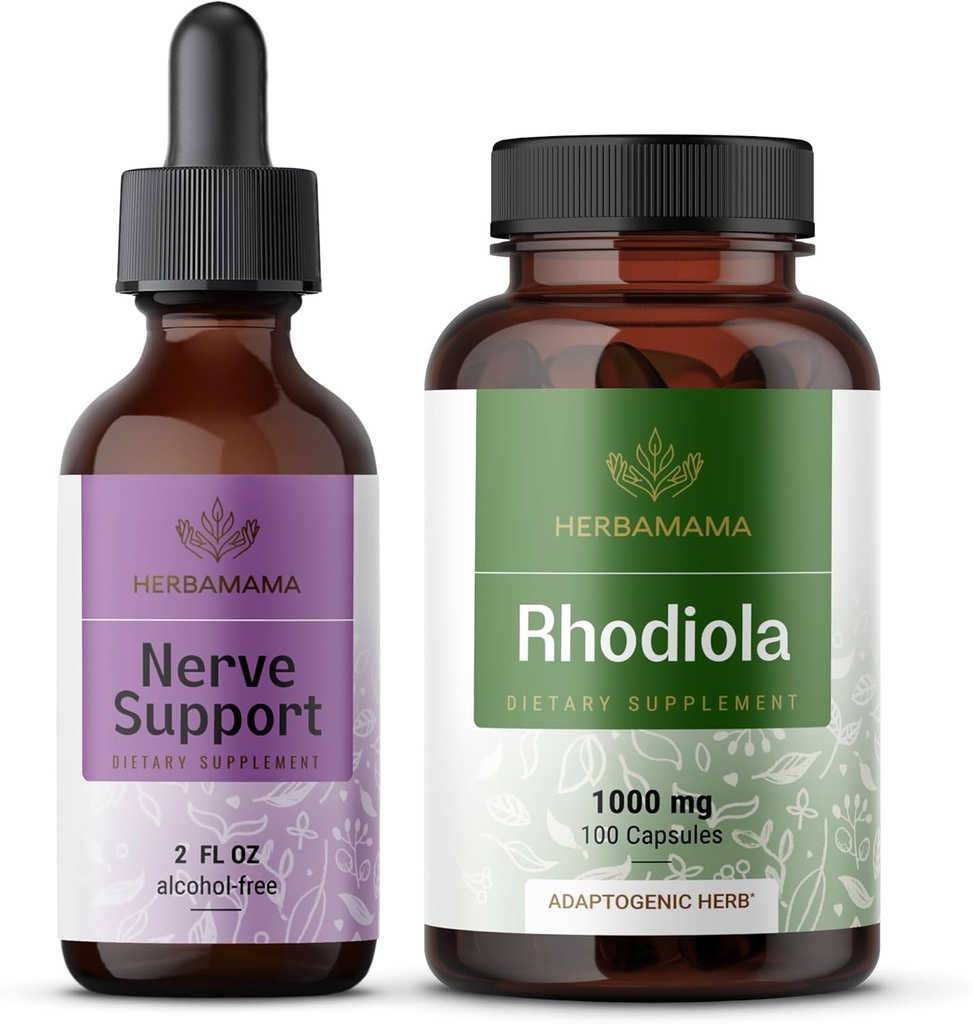 HerBAMAMA Nervi de sprijin și Rhodiola Kit - Bundle of Nervi Support Liquid Complex 2 fl oz & Rhodiola Rosea Capsules - Vegan, Non-GMO, Sugar & Alcool-Free, 2 Pack
