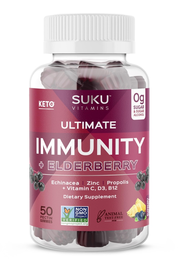 Vitamine SUKU - Imunitate Ultimata - Echinacea si Gumiile Propolis pentru Suport Imun, Usor de mestecat - Non OMG, Gluten Sugar Free - Granate Gummy vitamine aromate, 50 Conte