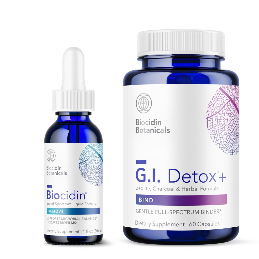 Bio-Botanical Research Biocidein Liquid Formula (1 oz) cu GI Detox+ Gentle Binder - Two-Product Detoxifiere Bundle pentru a sprijini Cleansing & Digestion - Asistenta in eliminarea Toxinei si Biofilmului