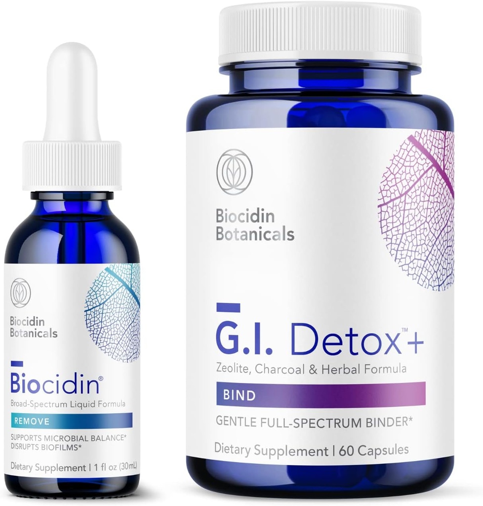 Bio-Botanical Research Biocidein Liquid Formula (1 oz) cu GI Detox+ Gentle Binder - Two-Product Detoxifiere Bundle pentru a sprijini Cleansing & Digestion - Asistenta in eliminarea Toxinei si Biofilmului