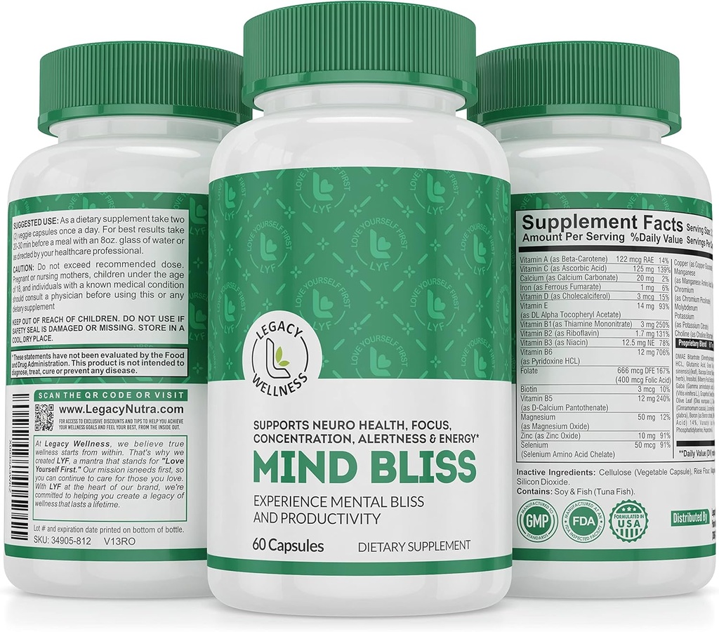 Minte Bliss Creier Supliment: 40-Ingredient Memorie, Focus & Clarity Vitamine, Energie Boost & Nootropic Support cu DMAE, 60 pastile