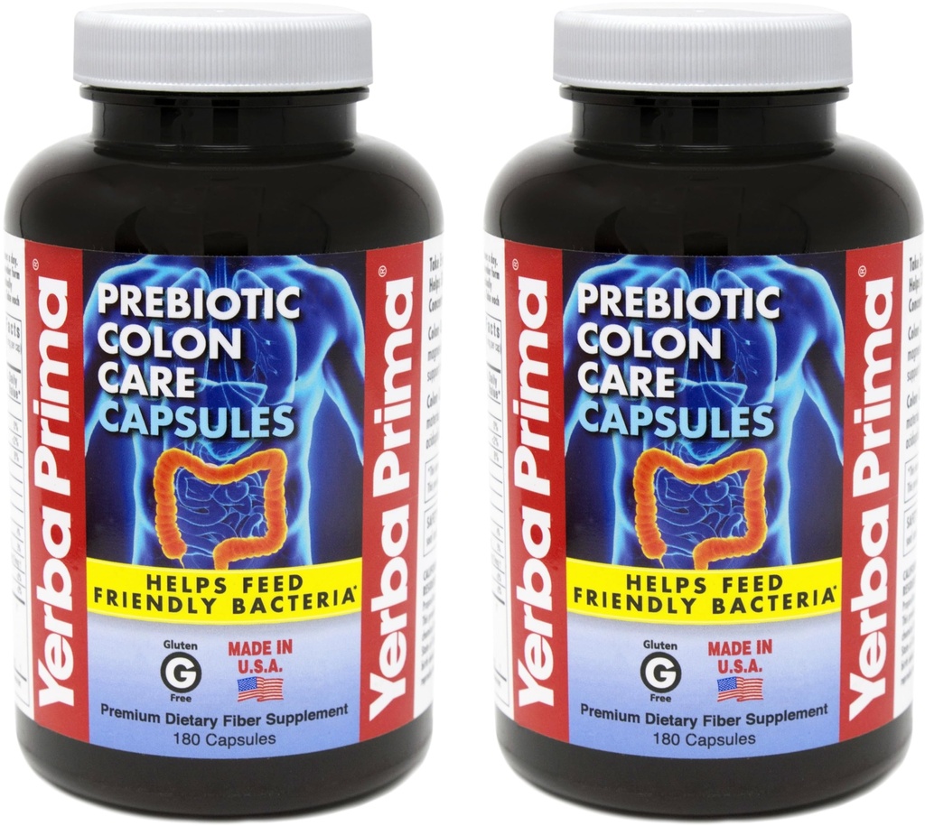 Yerba Prima Prebiotic capsule de îngrijire a colonului Dieta, 180 Conte, (Pachet de 2) - Cinci forme de fibre Plus FOS Prebiotice Supliment - Soluble & Insolubil pentru Regularitate & Suport digestiv