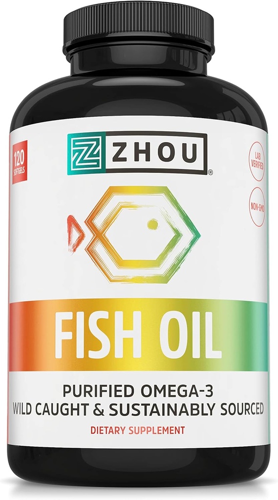 Ulei de pește Zhou - Suplimentul de ulei de pește pentru femei și bărbați, Omega 3 Acid gras, Sursa naturală de DHA & EPA pentru adulți, Burpless, Pur, Inimă & Sănătate comună - 120 Softgels