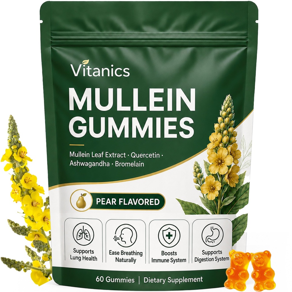 Mullein Gummies, Gummies de sănătate respiratorie de zi cu zi, 1000mg Mullein Leaf Extract de plante din frunze, Pear Flavor, Lung Health & Sinus Relief (30 zile de aprovizionare)