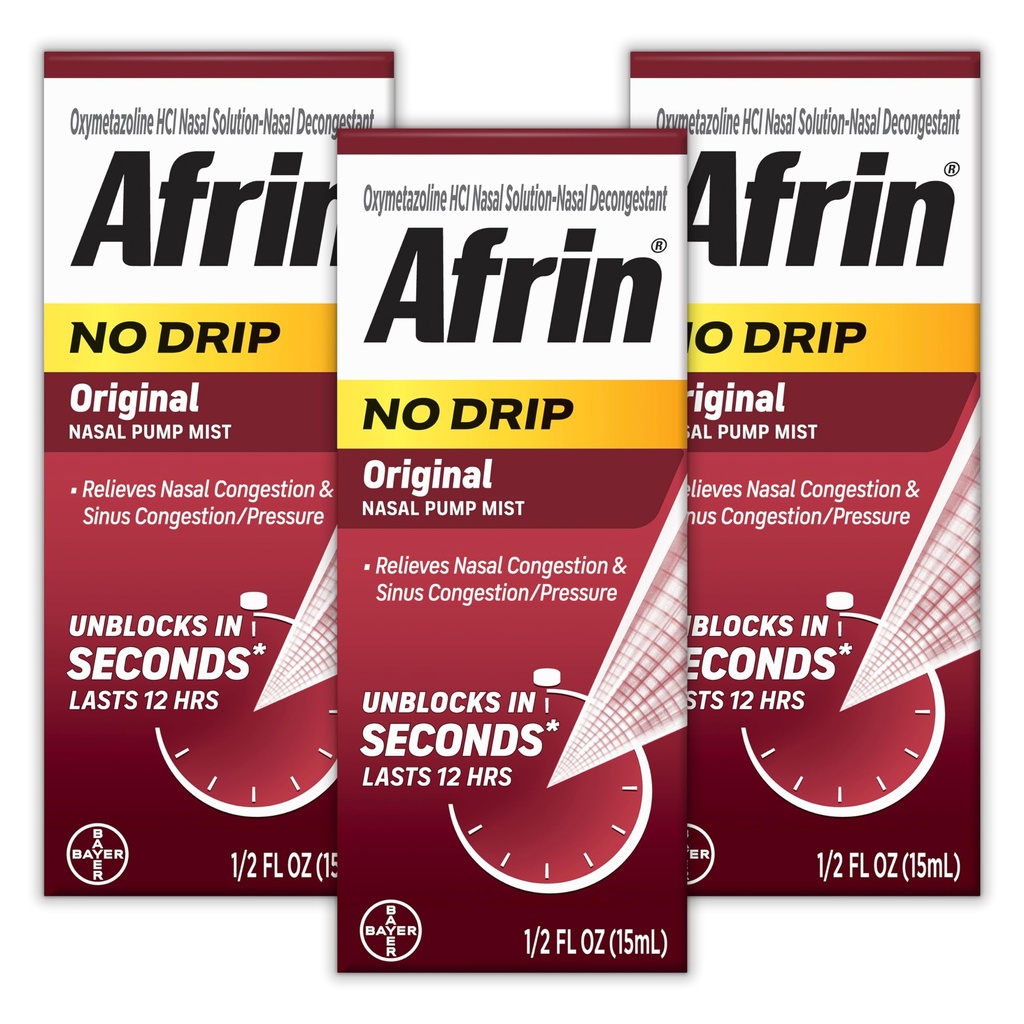 AFRIN No Drip Original Mist Mist Triple Pack, Non-Drowsy, Fast-Action Decongestant for Nasal Congestion and Sinus Pressure Relief, Adulți și copii 6 și mai în vârstă, 0.5 floz (Pachet de 3)