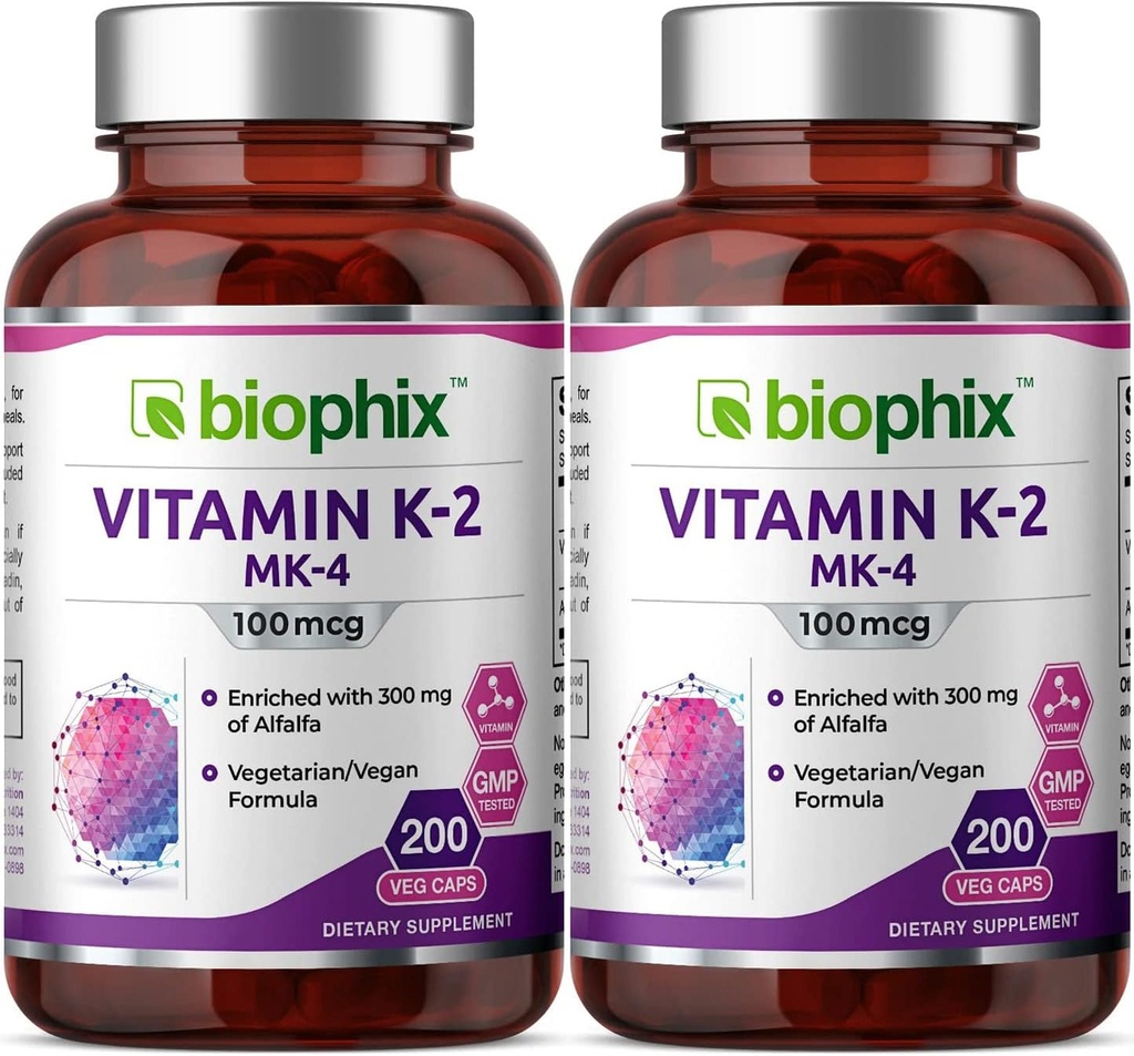 Biophix Vitamina K2 MK-4-100 mcg 200 Capace cu Alfalfa 2 ambalaj - Suporturi Oase puternice Immune Health