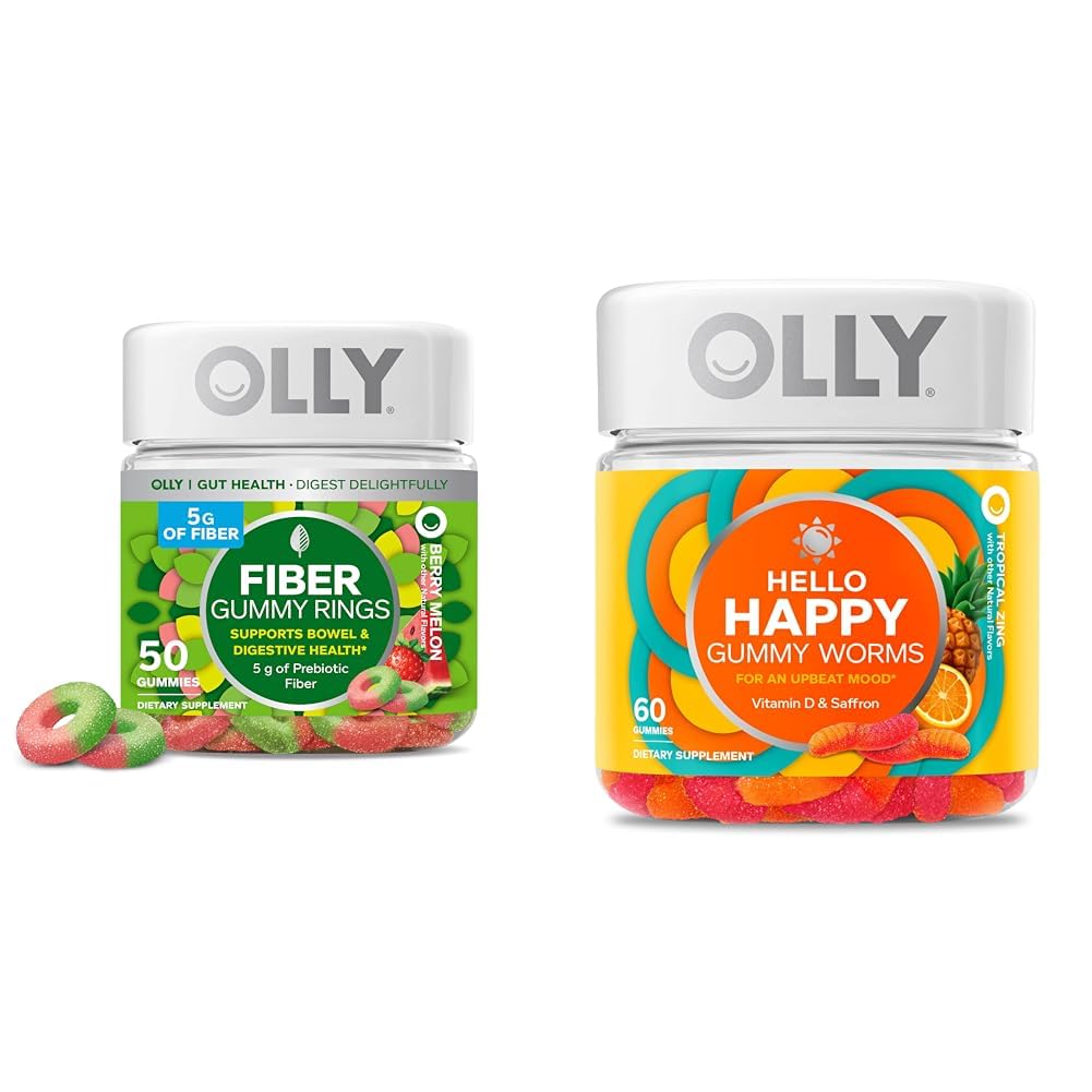 OLLY Fiber Gummy Rings, 5g Prebiotic Fiber, FOS (Fructo-oligozaharide), Digestive Support & Hello Happy Gummy Worms, Mood Echilibru suport, Vitamina D, Saffron, Adult Chewable Supplement