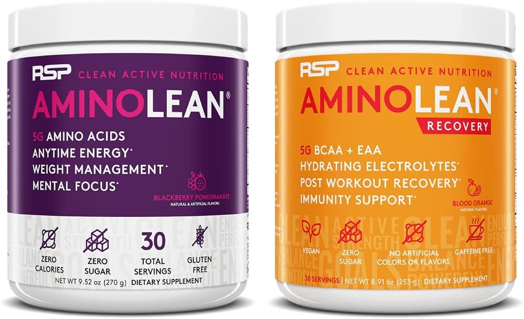 RSP NUTRITION AminoLean Pre Workout Energy (BlackBerry rodie 30 Serviri) cu AminoLean Recovery Post Workout Boost (Blood Orange 30 Serviri)