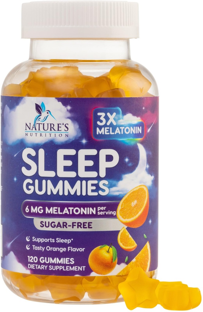 Melatonina Gumiile de somn - Melatonina 6mg Per Servire - Melatonină fără zahăr Gummy pentru adulți - Suplimentul Gummy suplimentar de somn - Suporturi somn odihnitor - Aroma portocalie gustoasă - 120 Gume