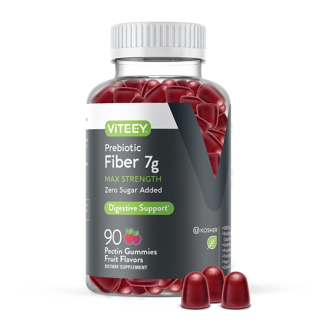 Viteey Prebiotic Fiber Gummies pentru adulți, 7g - Gumă de mestecat și solvent digestiv de fibre - Zero zahăr adăugat, Vegan, Gluten-Free - 90 Conte