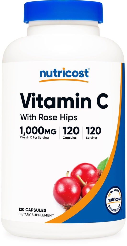 Nutricost Vitamina C cu Rose HIPS 1025mg, 120 capsule - Vitamina C 1000mg, Rose HIPS 25mg, Premium, non-GMO, Gluten supliment gratuit