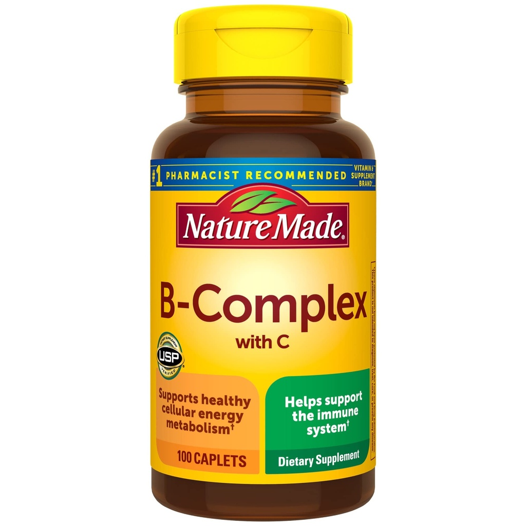Natura Made B Complex cu vitamina C, Supliment alimentar pentru suport sistem imunitar, 100 Caplete, 100 zile de aprovizionare