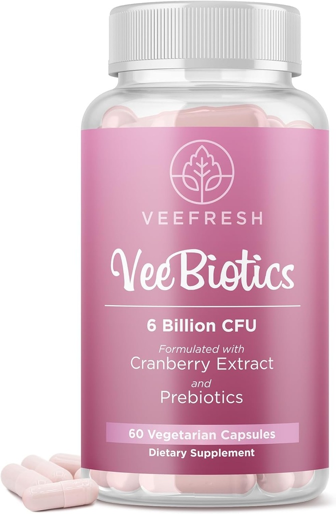 VeeFresh VeeBiotics Cranberry Probiotice pentru femei - 60 capsule Probiotice pentru femei cu prebiotice si extract de cranberry pentru echilibru pH-ul & Odor de control, Promoveaza sanatoasa Flora vaginala & wellness global