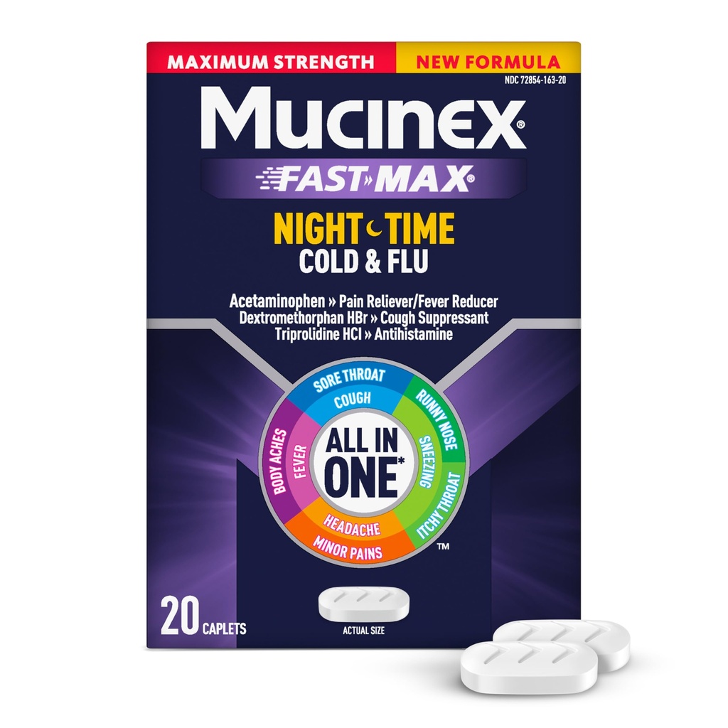 Mucinex Nightshift Rece & Flu, Putere maximă Puternic Multi-Simptom Relief pe timp de noapte, 20 Caplete de eliberare rapidă - Reliever durere / Reductor Fever, Supressant Tuse, Antihistamina