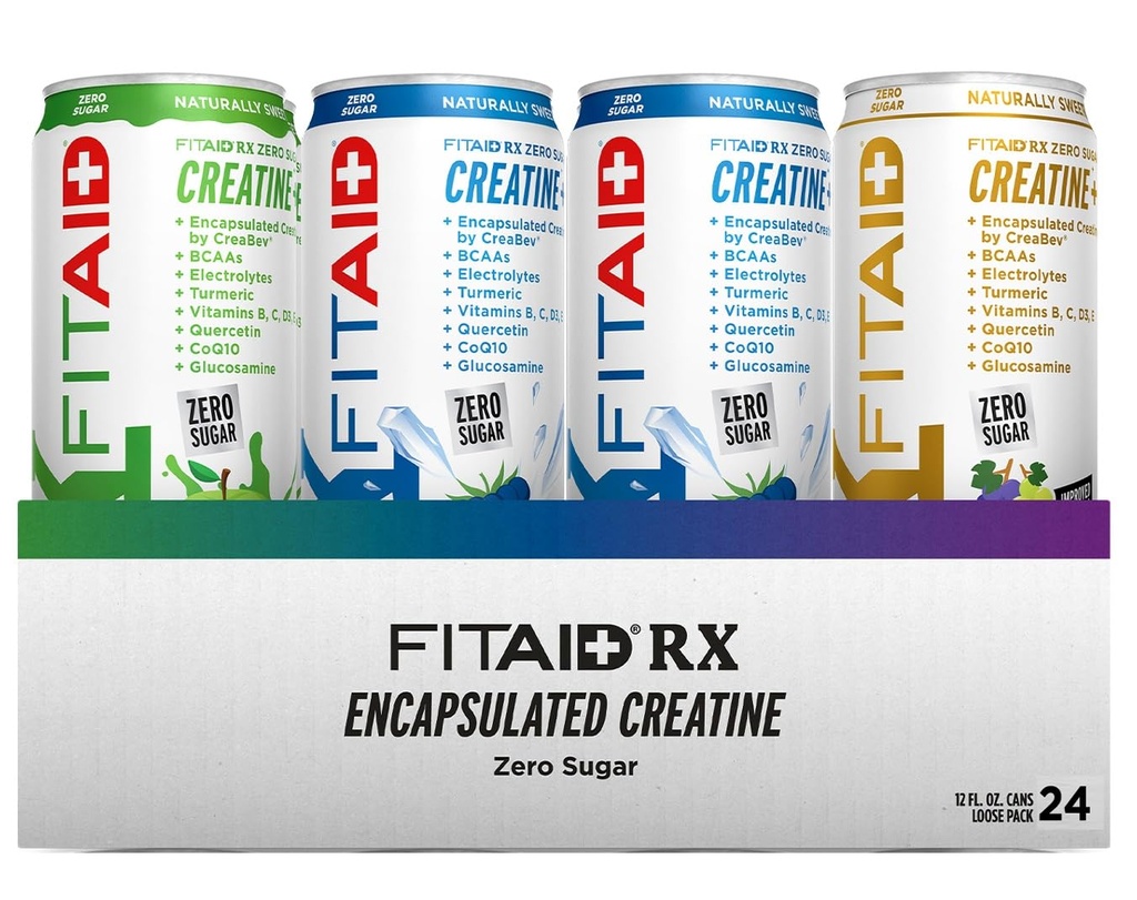 FITAID RX Zero Sugar, Incapsulat Creatina, Workout Recovery Drink, All-in-One Blend, BCAAs, Glucosamine, Turmeric, B-complex, Electrolytes, Variety Pack, 12 Fl Oz (Pachet de 24)