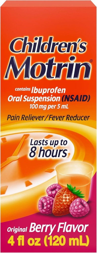Medicina de suspensie orală Motrin pentru copii, 100 mg Ibuprofen, Reductor de febră pentru copii și durere Reliever pentru dureri și dureri minore din cauza răcelii & gripa, alcool-liber, aroma Berry, 4 fl. oz
