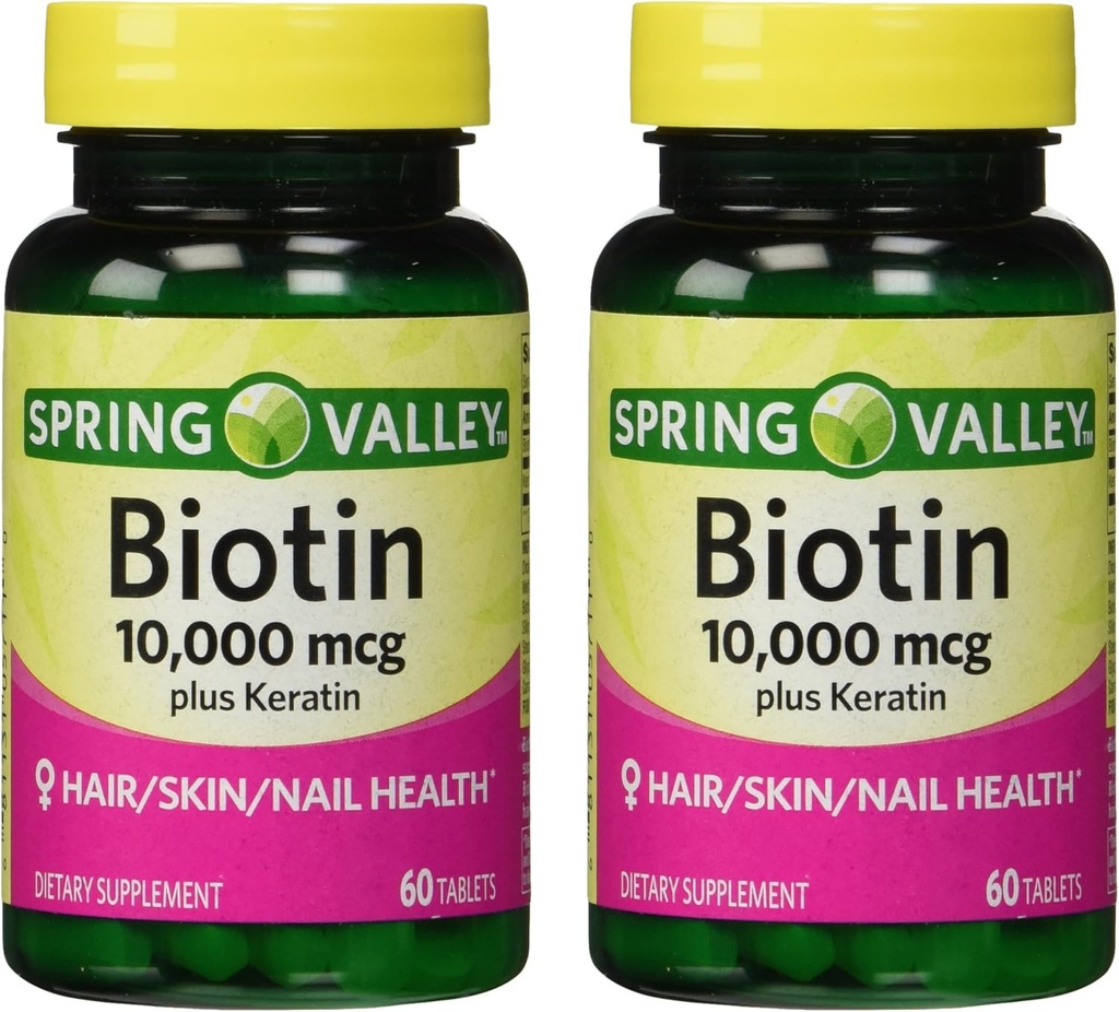 Spring Valley 10000mcg Biotin cu 100mg Keratina Supliment alimentar, 60 Conte (Pachet de 2)