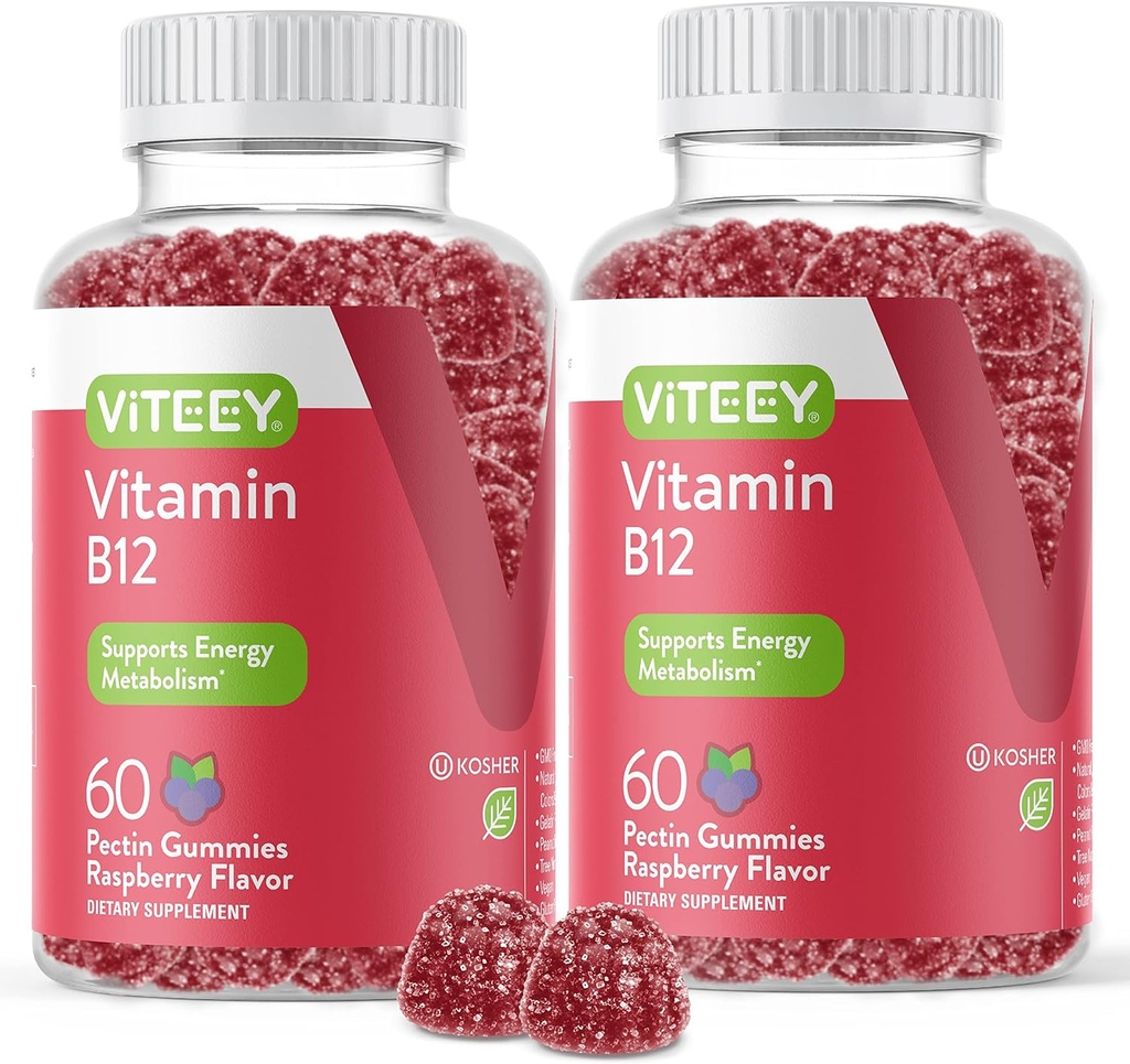VITEEY Vitamina B12 Gume - Suport cognitiv și Gume energetice - Vegan, Gelatină gratuit, Gluten gratuit - 60 Conte