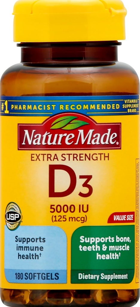 Concentraţia suplimentară Vitamina D3 5000 UI (125 mcg), 180 softgels valoare dimensiune, potenţă ridicată vitamina D ajută la susţinerea sănătăţii imune, oase puternice şi dinţi, funcţie musculară