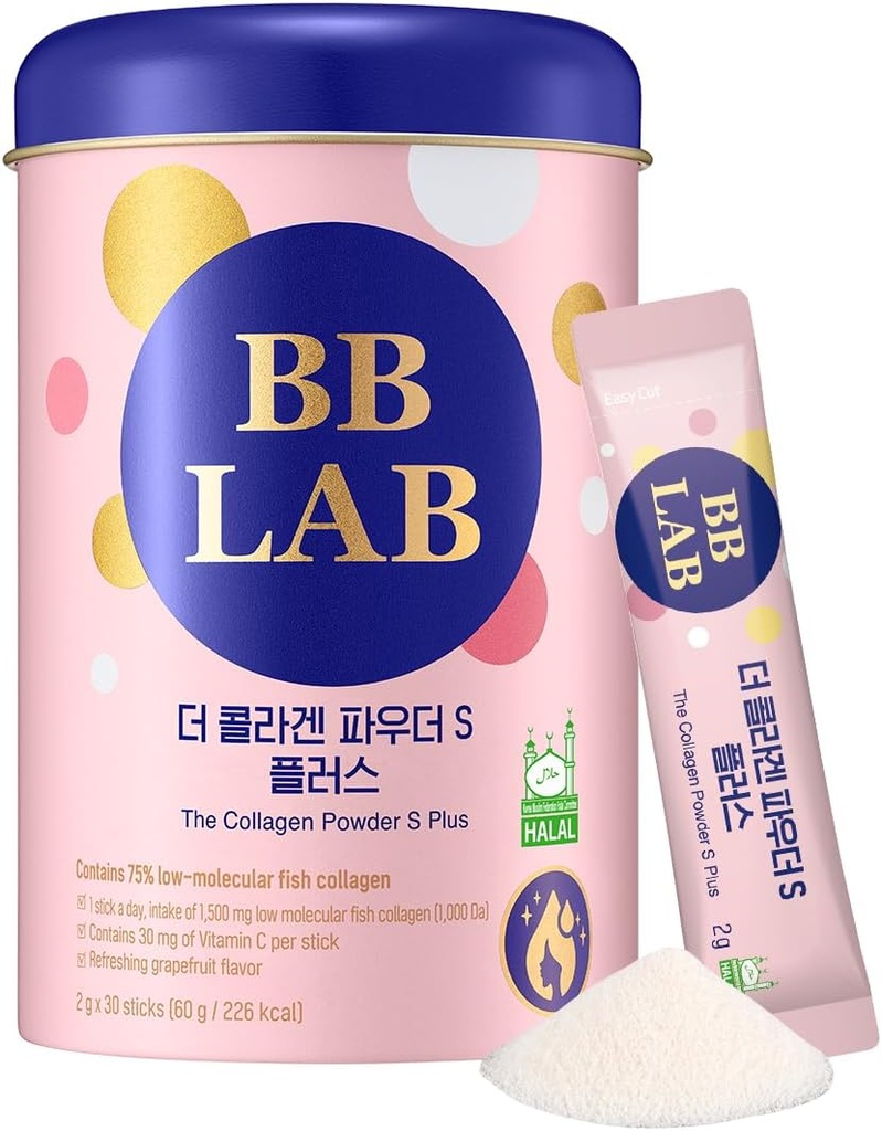BB LAB Colagen pulbere S Plus Halal, supliment cu praf de colagen molecular coreean scăzut, Marine, Colagen peptide de pește, vitamina C, Glicină, absorbție rapidă, aroma de grepfrut