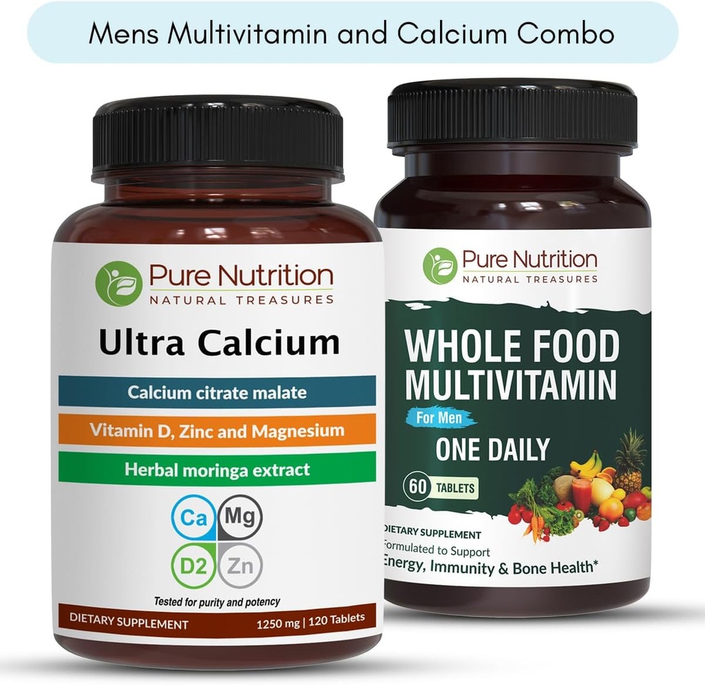 Nutriție pură Ultra Calciu 1000mg și Whole Foods Mens Multivitamine 1500mg pentru oase sănătoase, articulații și wellness generală. Ultra Calciu 90 Tabs + Mens Multivitamine 60 Tabs.