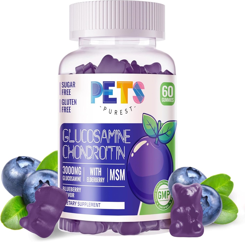 Animale de companie Purest Glucosamină Chondroitin Gumies cu MSM & Elderberry Extra Putere - Suport comun, Supplement de sprijin imun antioxidant pentru adulți, Bărbați și femei.60 Gume de afine