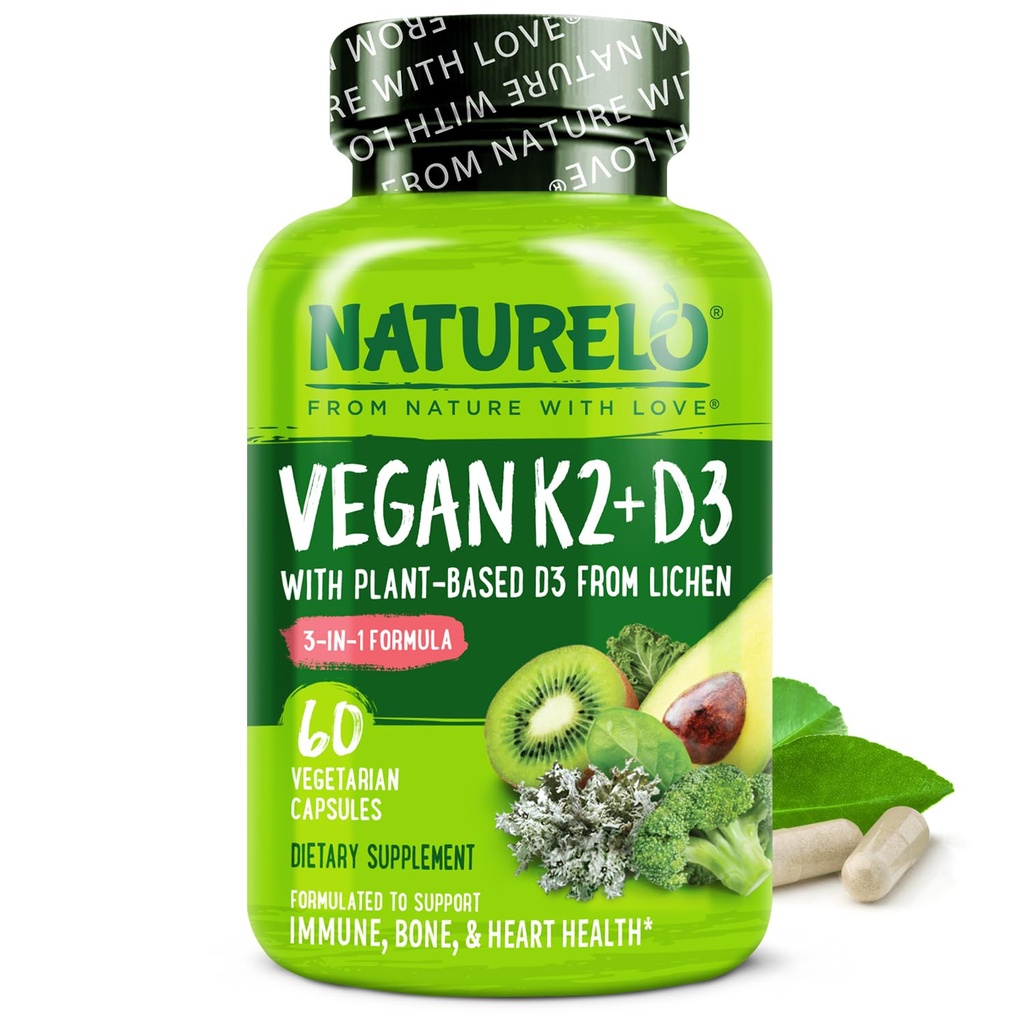 NaturaLO Vitamina D3 K2 - Vegan cu baza de plante D3 de la Lichen - Supliment natural pentru sistemul imunitar, suport osos, Heart Health - Întreaga alimente - non-GMO - Gluten gratuit, 60 capsule