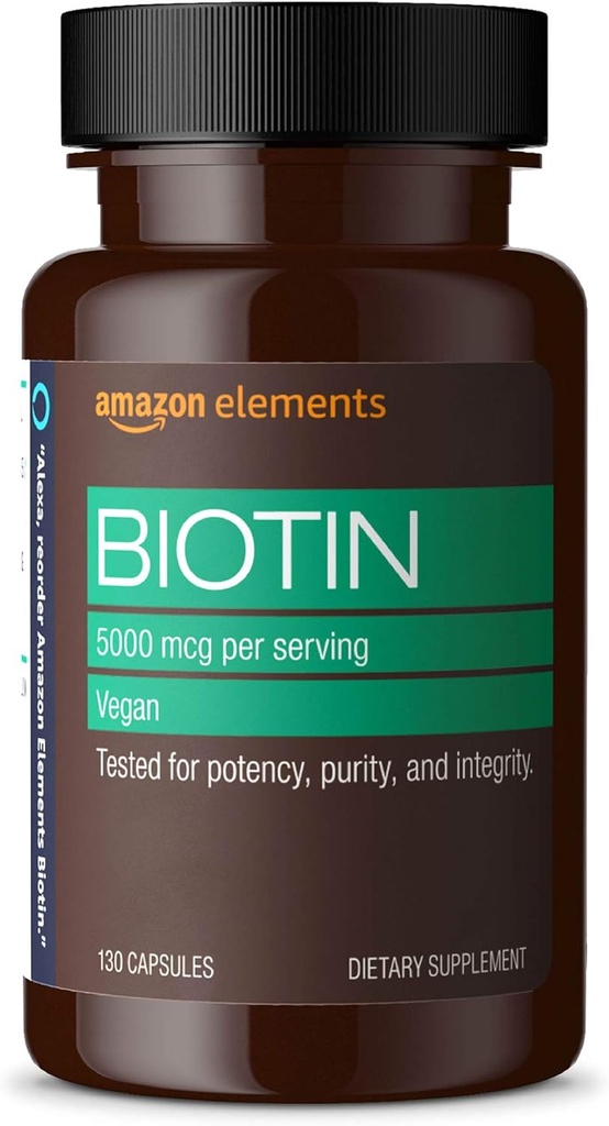   Elements Vegan Biotin 5000 mcg - Hair, Skin, Nails, 130 Capsules (4 month supply) (Packaging may vary)