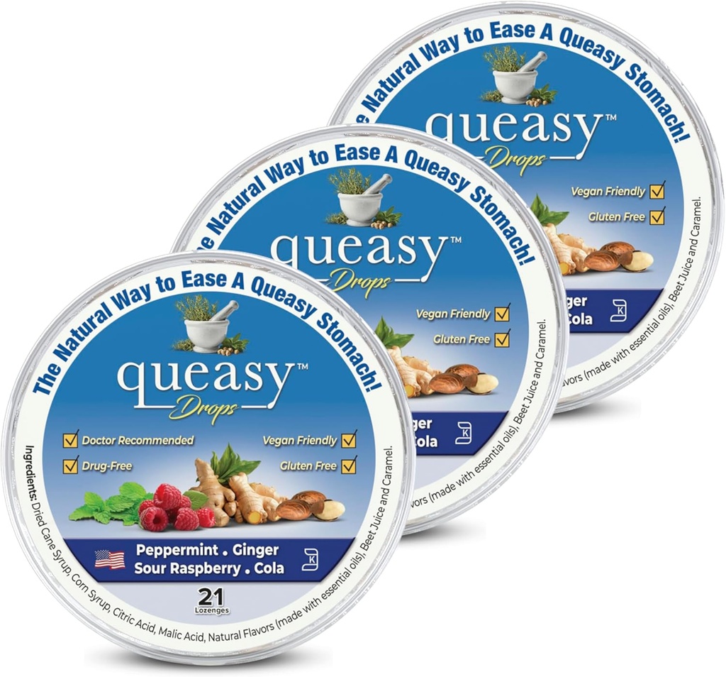 Trei Lollies Drops Queasy - Relief de greață și boală de călătorie - ușurează o gură uscată și settles Stomacul - Ingrediente naturale - 4 arome - 21ct (Pachet de 3)