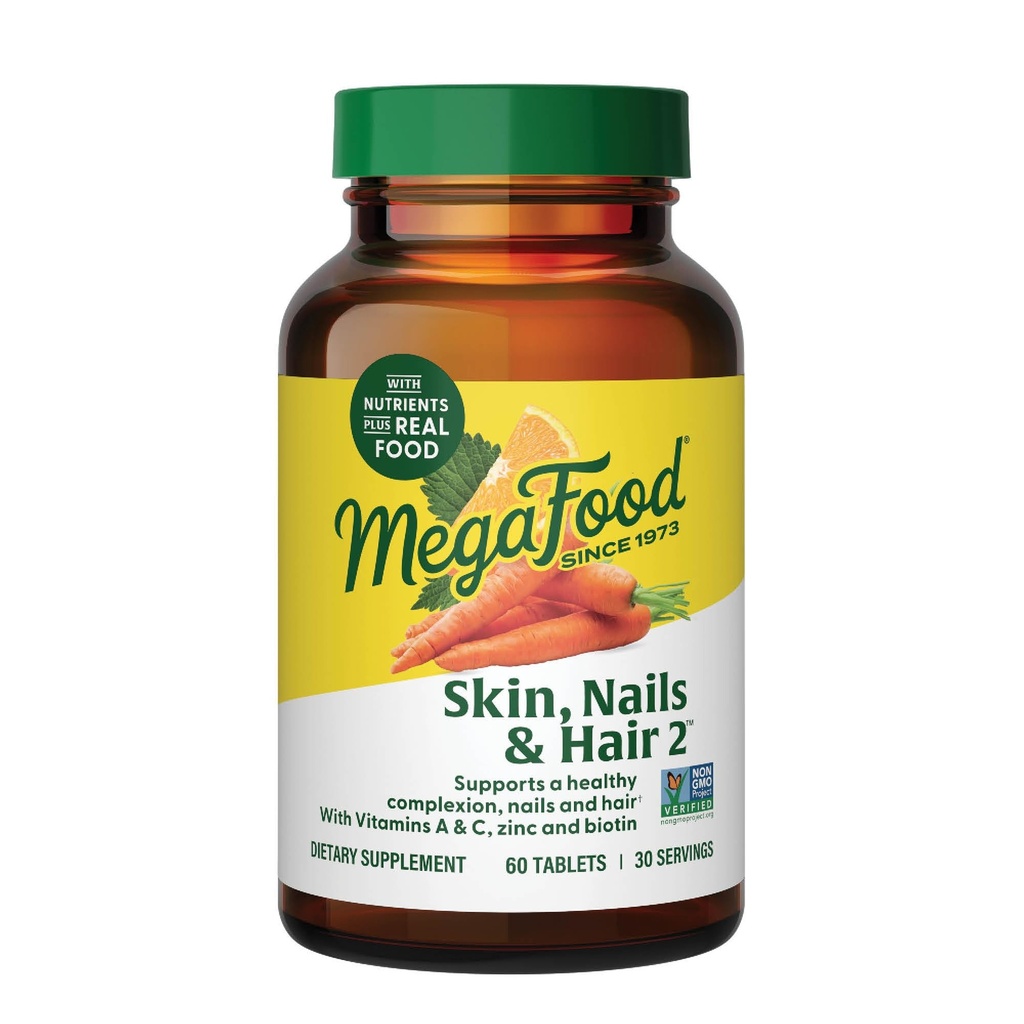 Megafood Skin, Nails & Hair 2 - Vitamine pentru femei si barbati - Biotina, Vitamina A, C, Zinc, B6, E, Acid pantotenic - Vegan - Made without 9 Food Allergens - 60 Tabs (30 Servings)