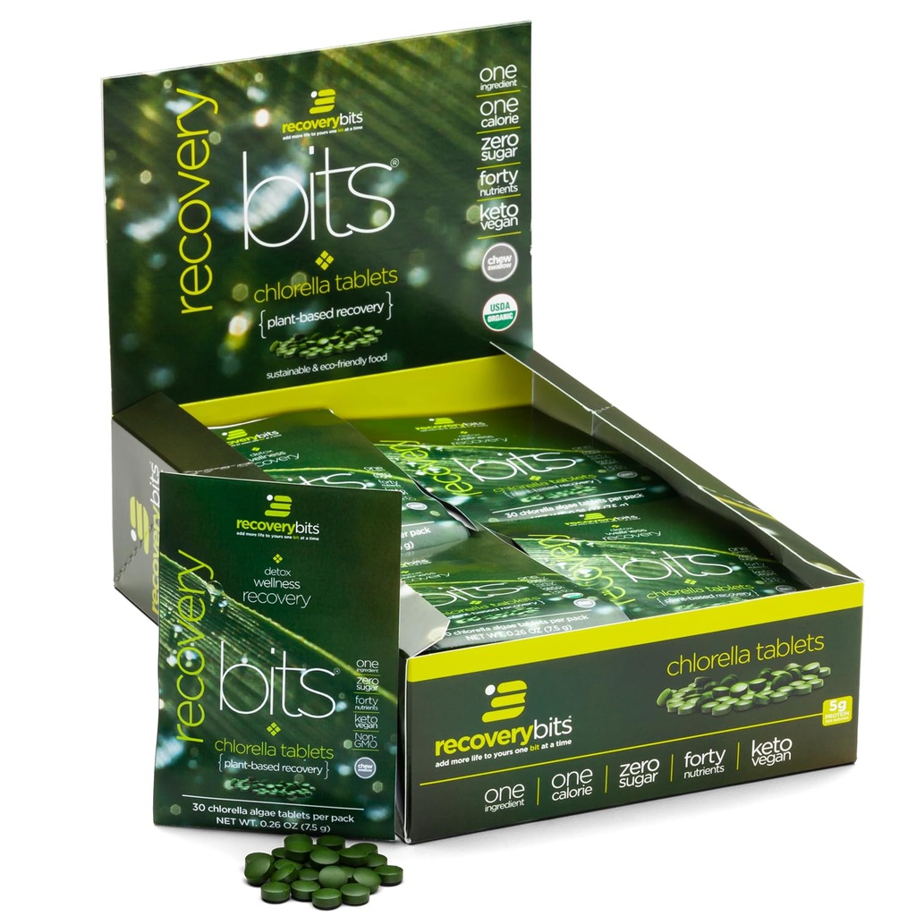 RECOVERYbits - Tablete Chlorella organice - plante-Bază Algae Superfood - Clorofila - Perete Cell crăpat - Energie - Sistem imunitar - Detox - Keto - Vegan - Non-GMO - Cutie de 30 pungi - 900 Comprimate