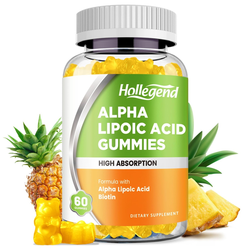 Alpha Acid lipoic Gumies 1000Mg cu Biotin, supliment ALA de înaltă absorbţie masticabil pentru antioxidant, Brain Health and Nervie Support, Ananas Flavor, Sugar Free, 60 Chews