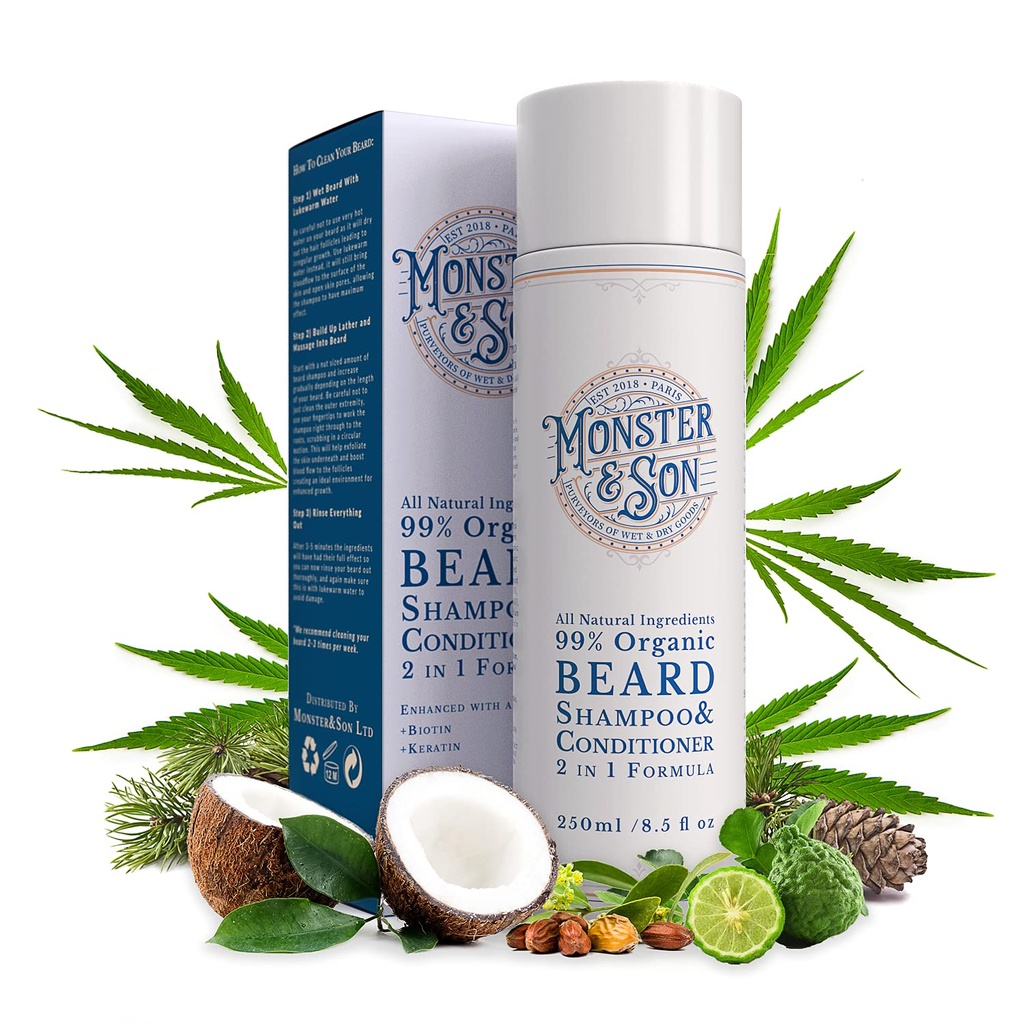 Monster & Son Organic Beard Shampoo & Balsam 2 in 1 - Beard Wash with Conditioning For Men - Gentle Face Cleanser For Sensibil Skin - Hypoallergenic, Paraben & Sulfate Free - Long Durare 250ml