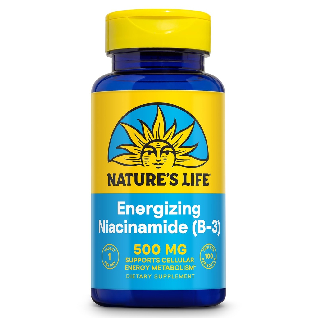 Nature's Life Energizant Niacinamidă 500mg - Nu Flush Vitamina B 3 Suplimentul de niacină - Funcţie nervoasă, Metabolizare şi Asistenţă energetică sănătoasă - 60 de zile Garanţie, Lab verificat, 100 Serviri, 100 comprimate
