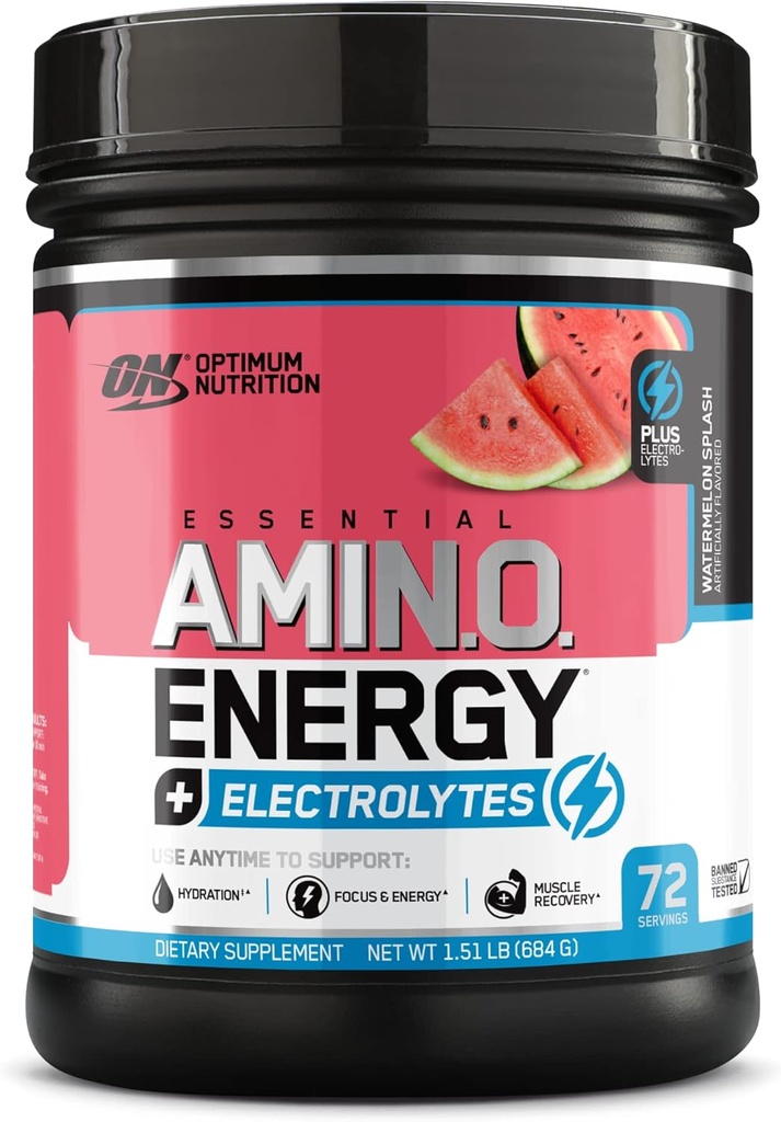 Optimum Nutrition Essential AMIN.O Energy & Electrolytes - Energy, Focus & Post-Workout Muscle Recovery - Watermelon Pre-Workout Electrolyte Powder Drink - Watermelon Splash, 1.51 lb (72 Servings)