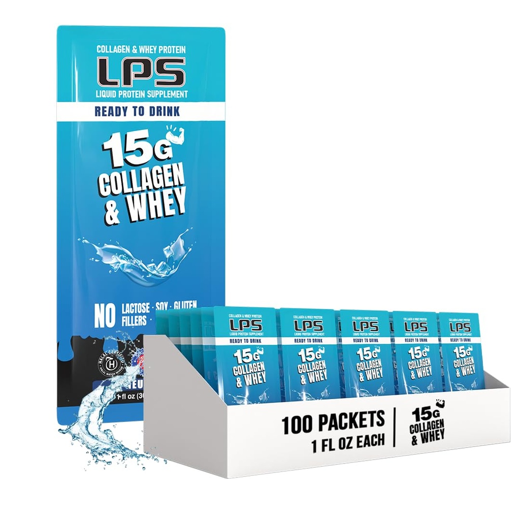 LPS lichid Colagen & whey supliment de proteine - non-GMO băutură, zahăr-gratuit - promovează sănătos piele și păr pentru bărbați și femei, neutru, singur servi (100 Pachete)