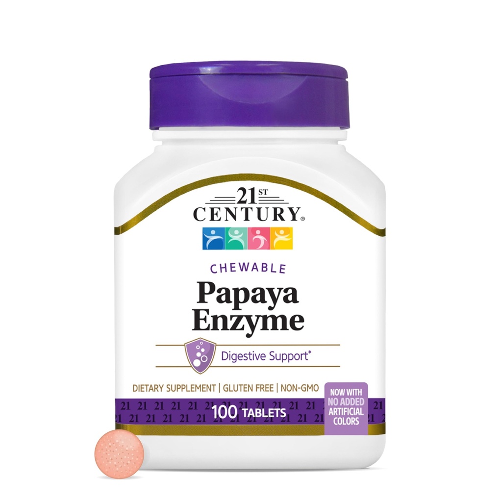 21st Century Papaya Enzyme Chewable (100 Count), Papaya & Ananas Digestive Enzime pentru sanatate gutoasa, aroma tropicala, non-GMO, Gluten-Free, Nu Adăugați sare, arome artificiale