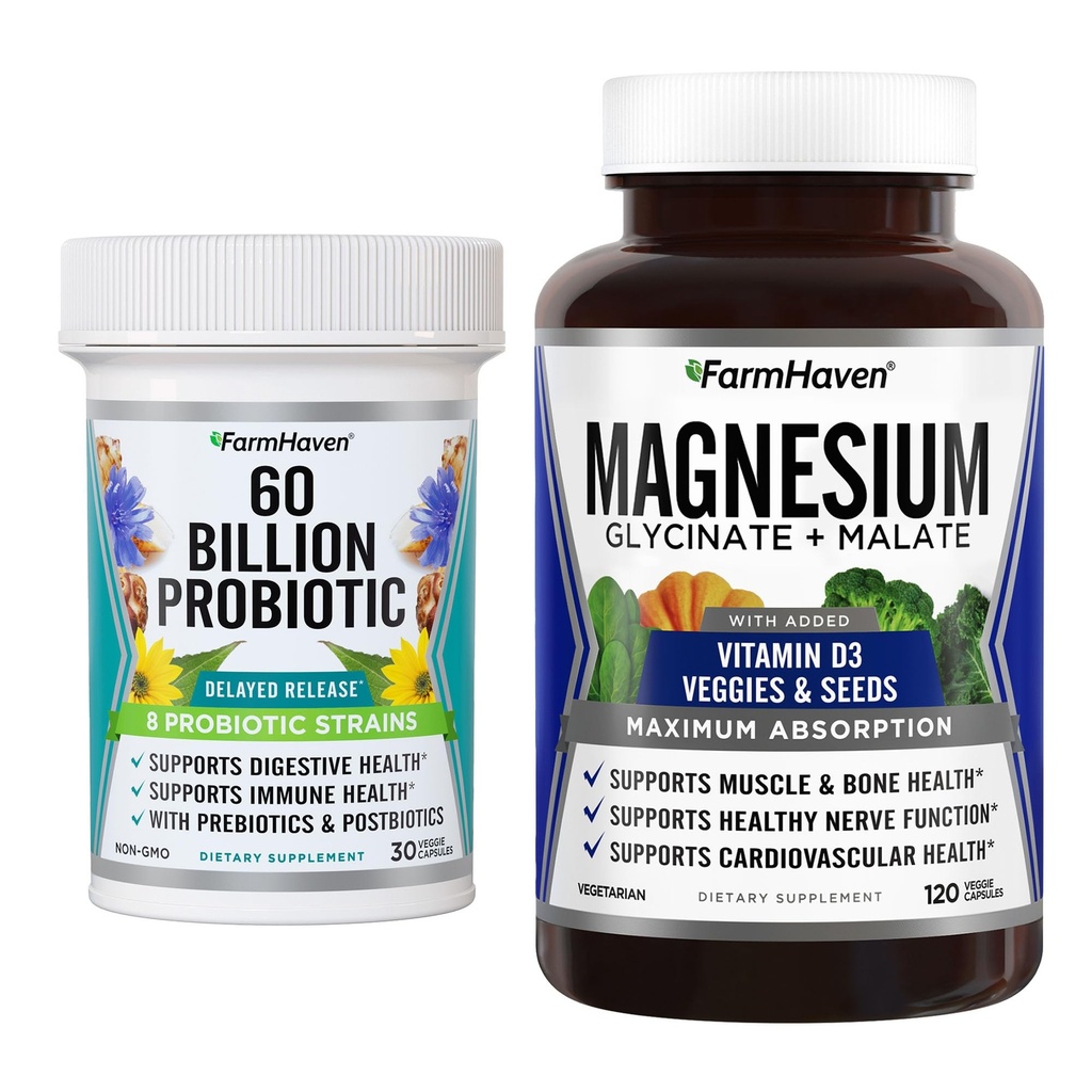 FarmHaven Magneziu Glicinat & Malate Complex și 60 miliarde CFU Probiotic
