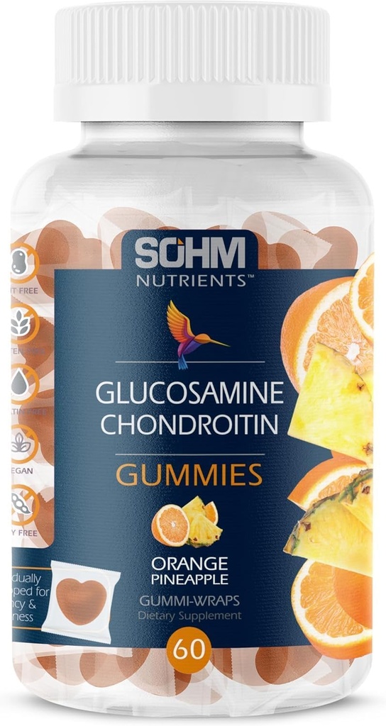 SOHM Glucosamină și Chondrotin Gummies 60 Conte înfăşurat individual, susține Joints Health and Bones Health, Glucosamine Chondroitin Gummies for Mens and Women Vegetarian (Pineapple,Orange)